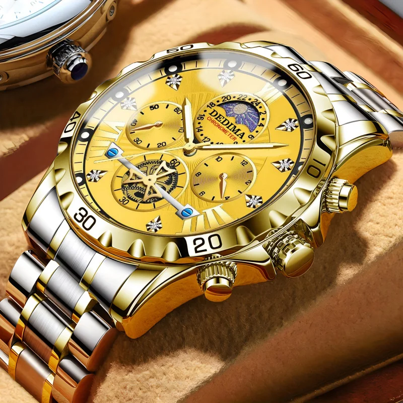 DEDIMA Multifunctional Sports Watch for Men Business Flywheel Luminous Wristwatch High End Steel Waterproof Quartz Men's Watches