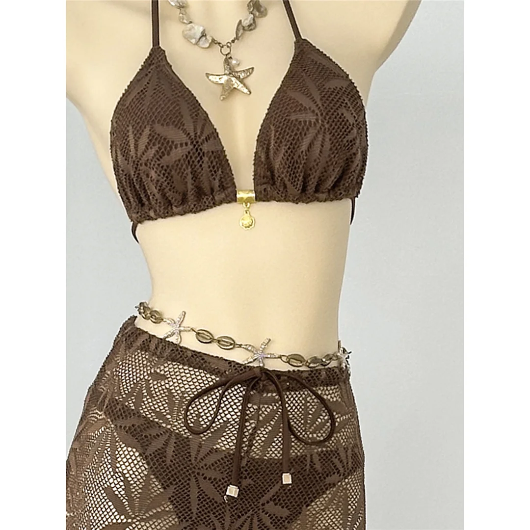 Mit Hosen, Blättern und Halterneck-Bikini, Damen-Badeanzug, dreiteiliges Bikini-Set, Badebekleidung, Badeanzug, Schwimmanzug V8164 – Detail 13