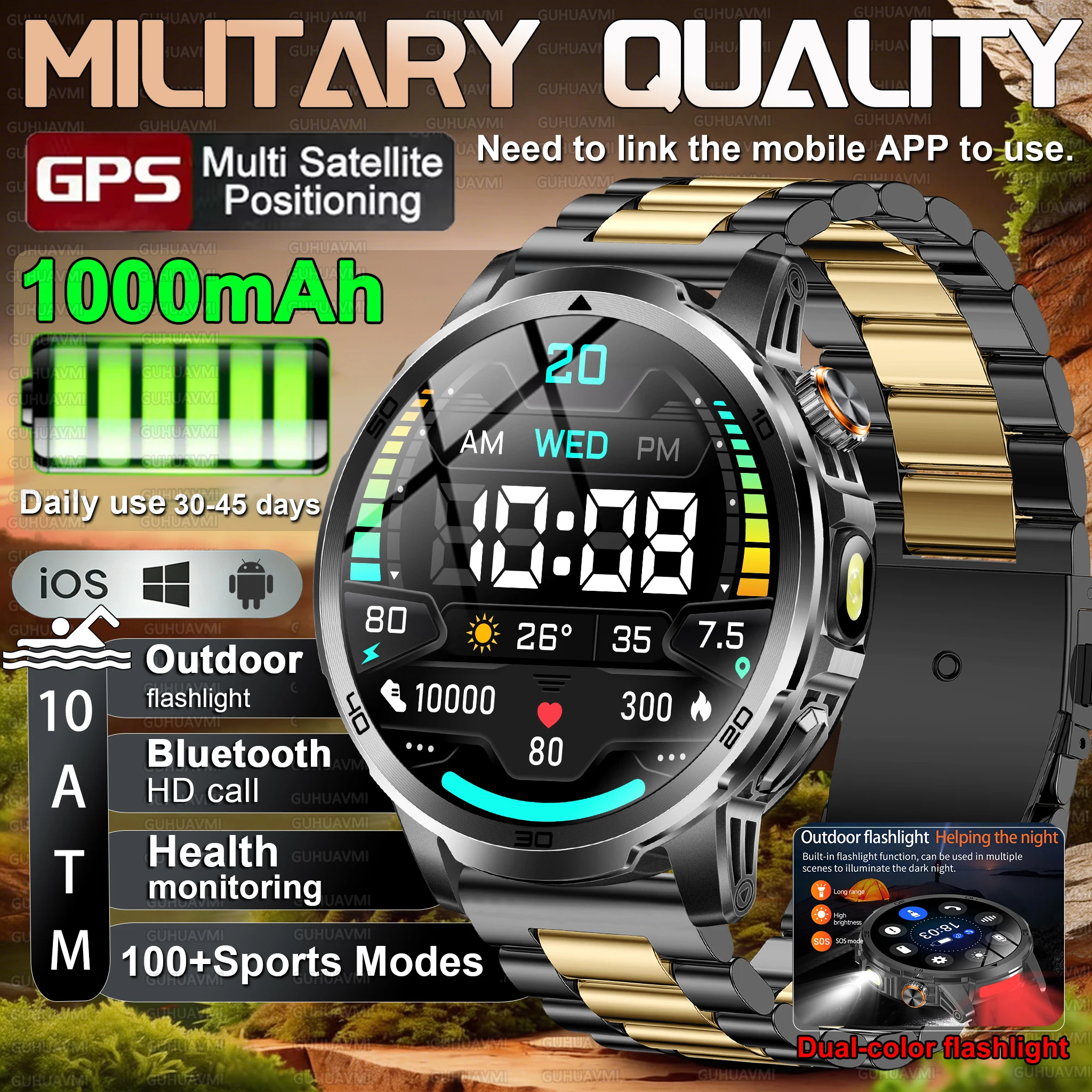 

2026 New Military Smart Watch Waterproof Men Heart rate Sports outdoor tracking 1000mah Battery Bluetooth call Flashlight watch