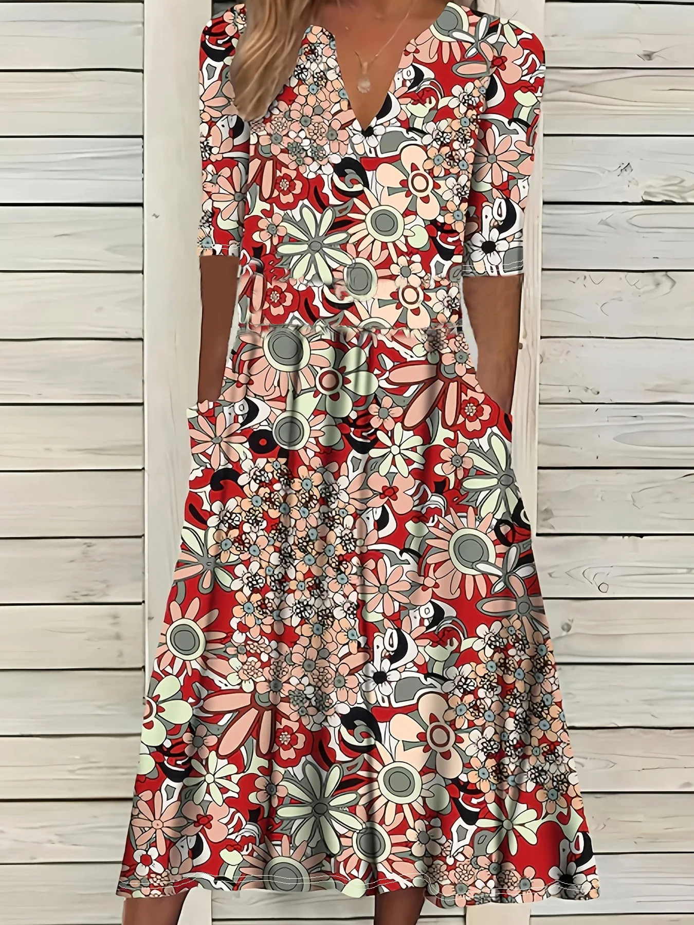 Sommermode Vintage Blumendruck Boho Partykleider für Frauen 2025, eleganter V-Ausschnitt, halbe Ärmel, Taschen, Strand, langes Kleid, Robe