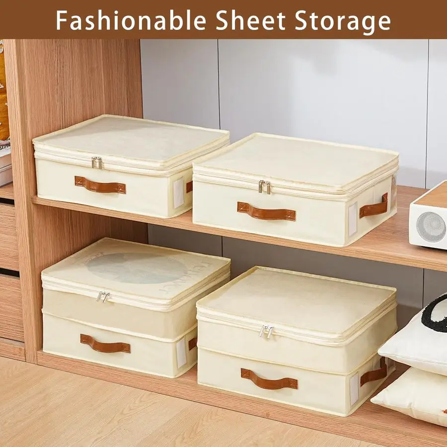 Organizadores e armazenamento de lençóis, 4 pacotes de organizadores de armário de linho com zíper ajustável, armazenamento de cama dobrável para queen ou king