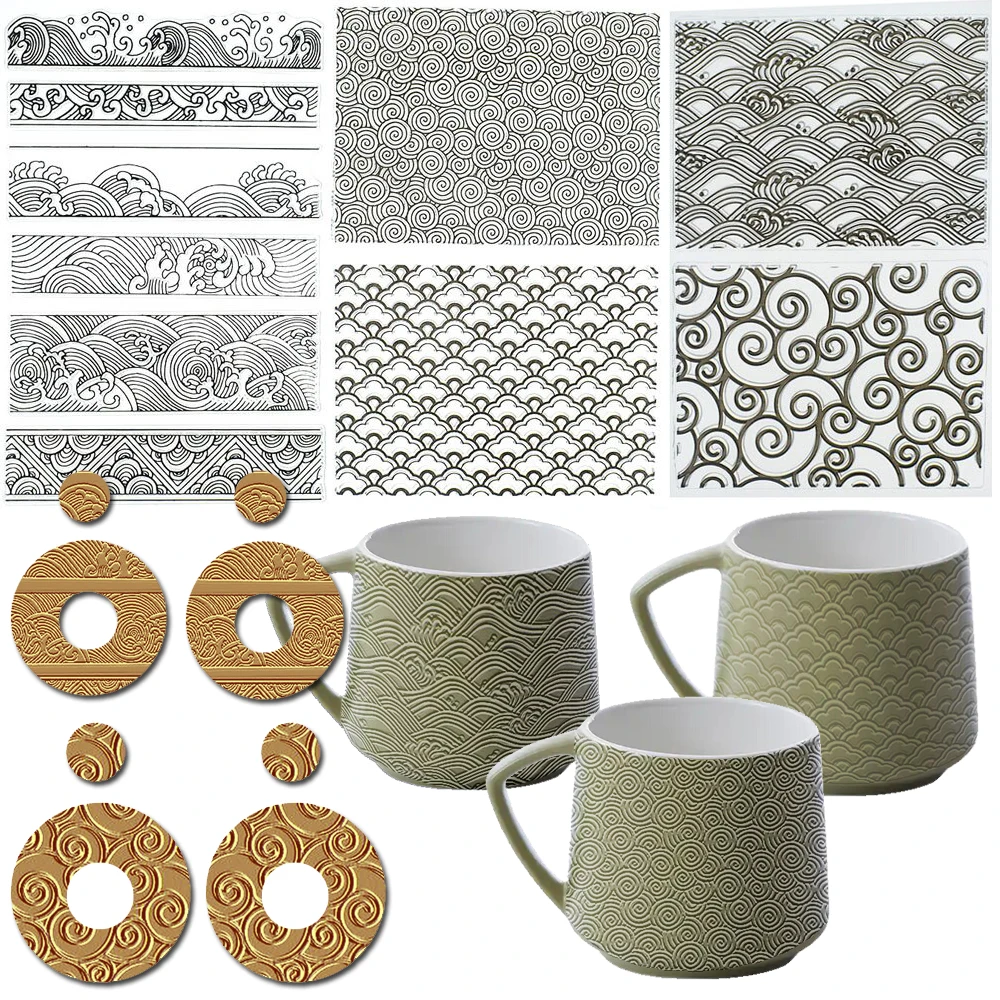 

Wave Pattern Polymer Clay Texture Stamp Sheets Set for Using with Clay Cutters Clay Jewelry Make Pottery Ceramic Mug Emboss Mat
