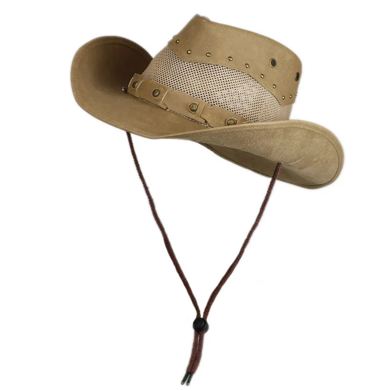 Unisex Women Men Retro Breathable Net Leather Roll Up Wide Brim Sun Sunscreen Cap Beach Cowboy Cowgirl Western Warm Hat 58-60cm