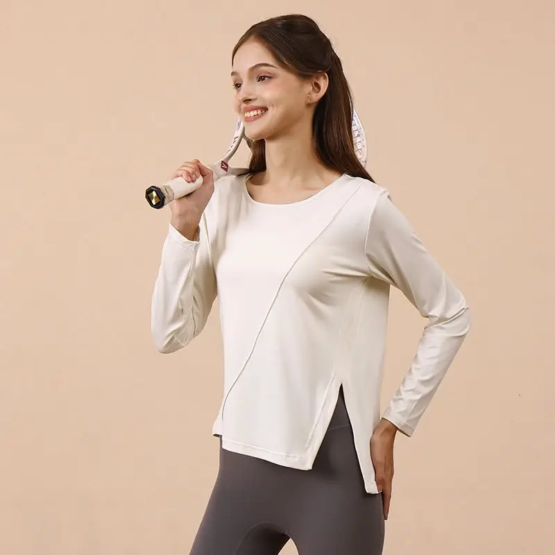 春と秋のレジャールーズスピード乾燥ヨガ服長袖ランニングフィットネストップス-tシャツ女性