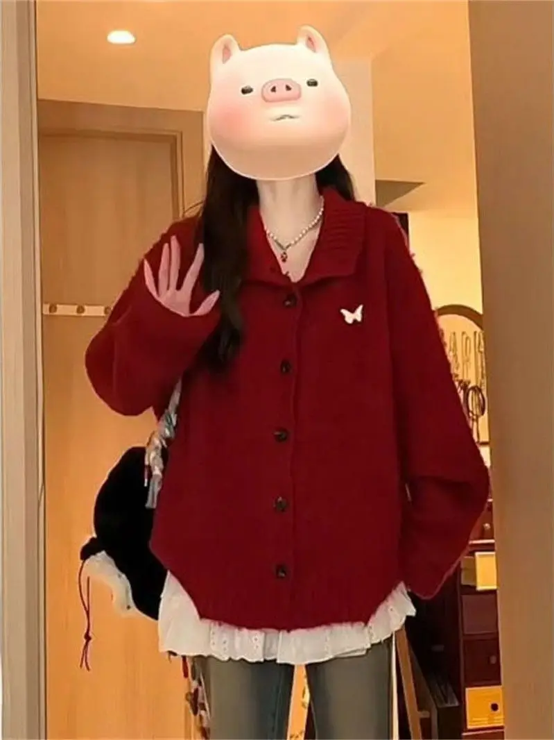 

Свободный корейский вязаный свитер с отложным воротником, красный, с узором «косы», весенний женский топ, красивая вязаная кофта, повседневный стиль