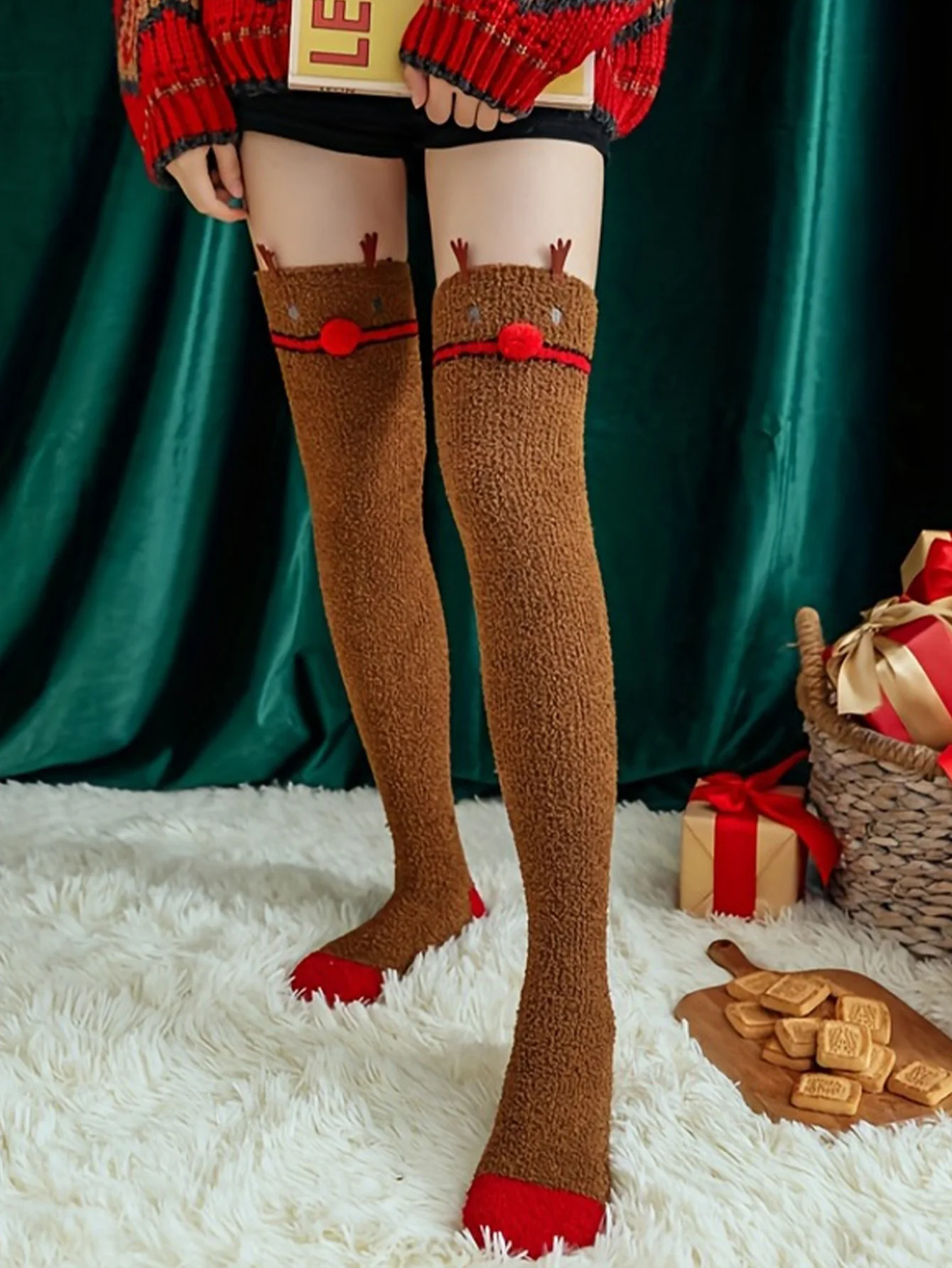 1 pair of Christmas knee length coral velvet warm socks, Santa Claus knee length socks