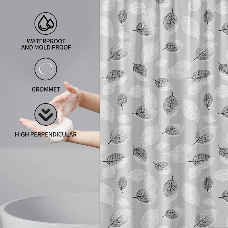 High Quality Waterproof and anti-mildew PEVA shower curtain black and white leaf bathroom curtain with hook