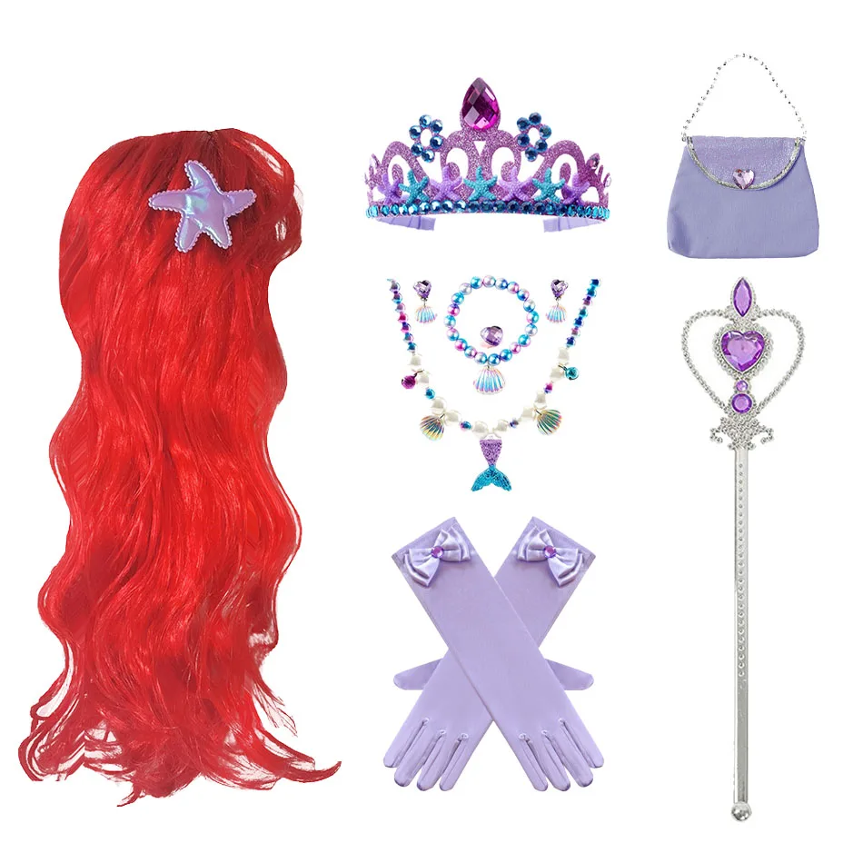 Ariel Princess Akcesoria Rękawiczki Różdżka Korona Zestaw biżuterii Syrenka Peruka Naszyjnik Warkocz dla księżniczki Sukienka Odzież Cosplay Dress UP