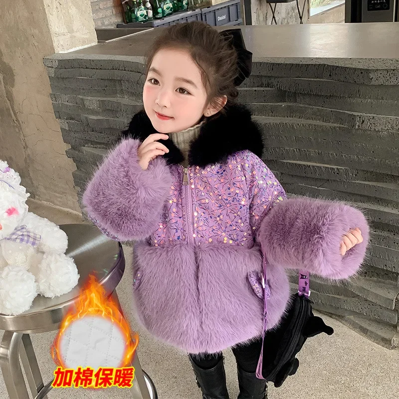 Anime Sanrioed Kuromi Girl Clothes Plush Jacket Fashion Hooded Padded Jacket Autumn Winter Thickened Warmth Fur Coat Outerwear