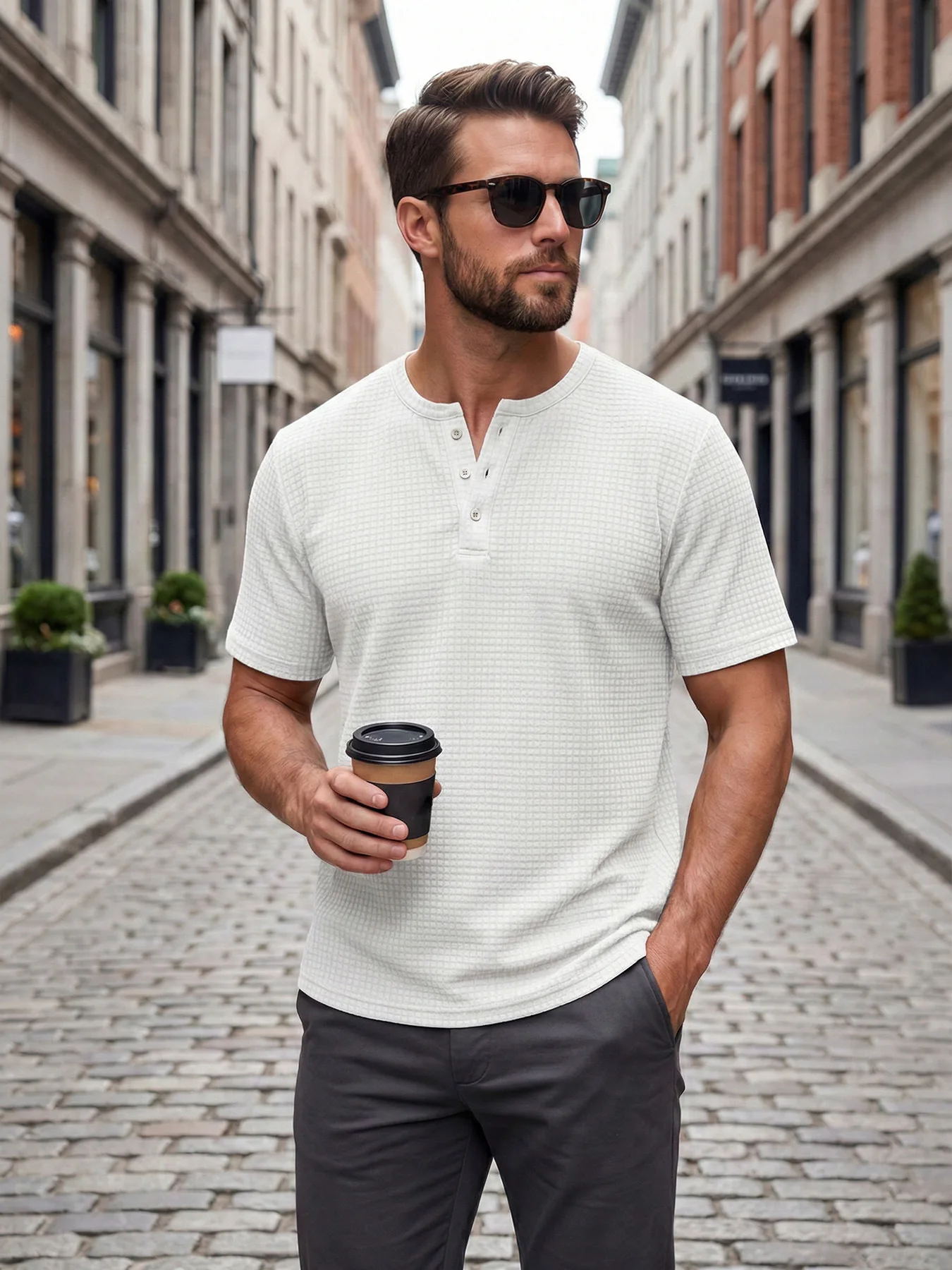 Men Waffle Knit Henley Short Sleeve T-Shirt, 3 Buttons Notch Neck Casual Basic Top, Breathable Tee for Daily Urban City Outfits