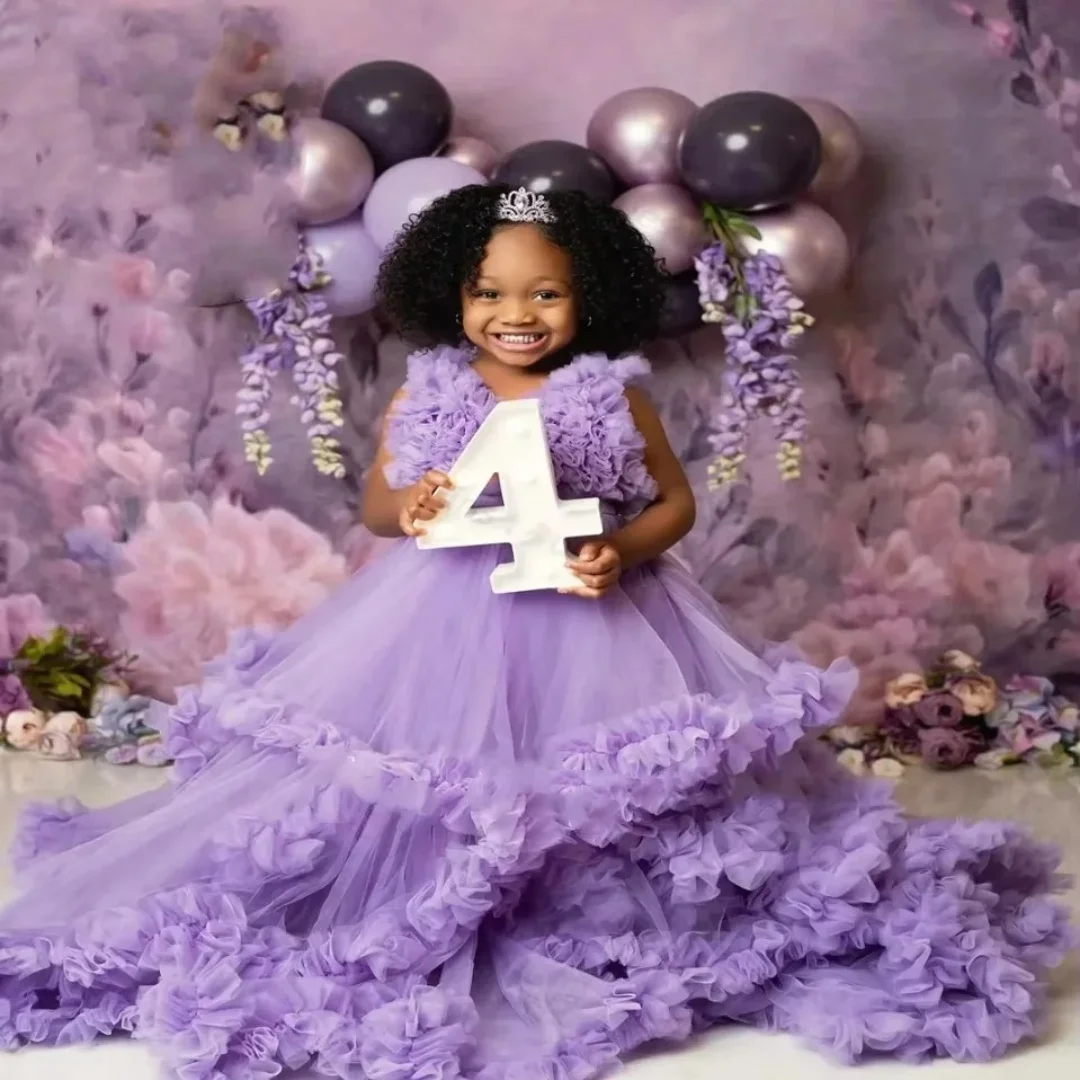 Vestido de niña de flores morado personalizado para boda, tul con volantes hinchados, sin mangas, vestido de fiesta para desfile de niña, vestido de primera comunión