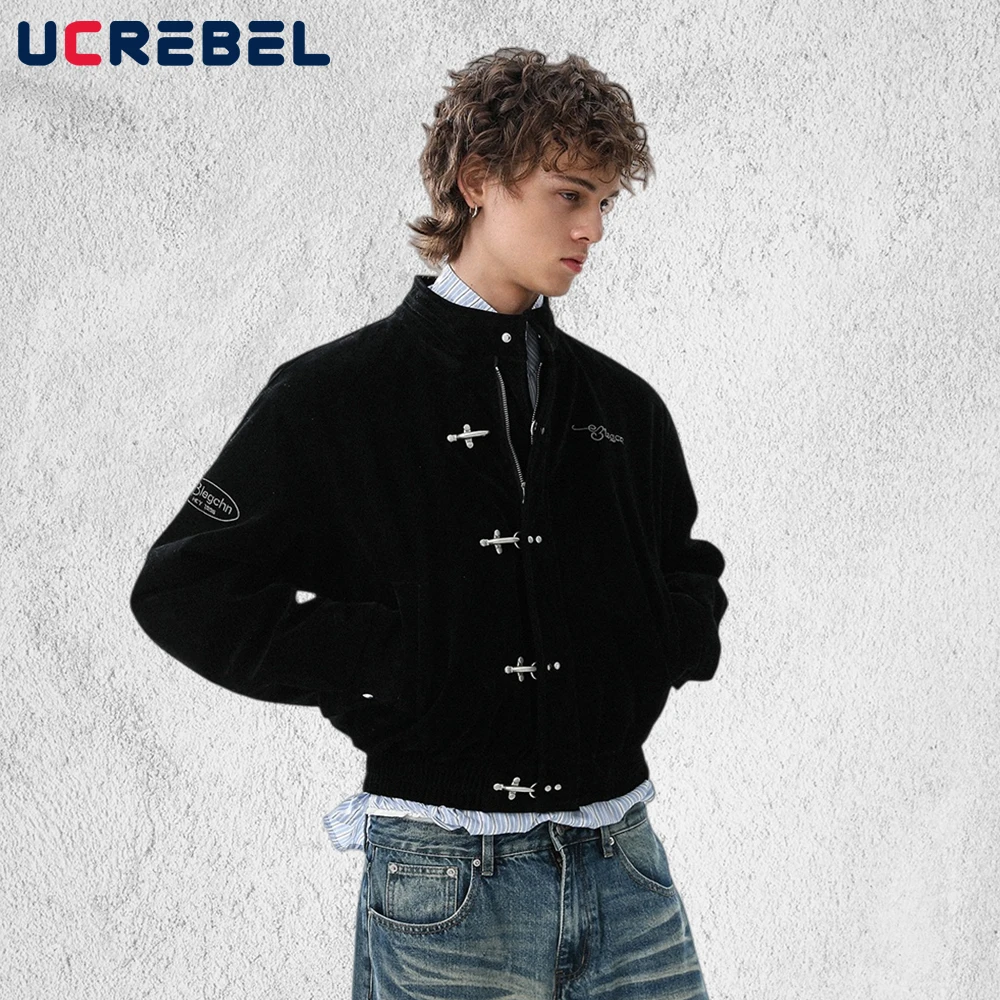 Retro Long Sleeve Down Jacket Mens Button Decoration Winter High Street Stand Collar Long Sleeve Thick Quilted Jacket Man