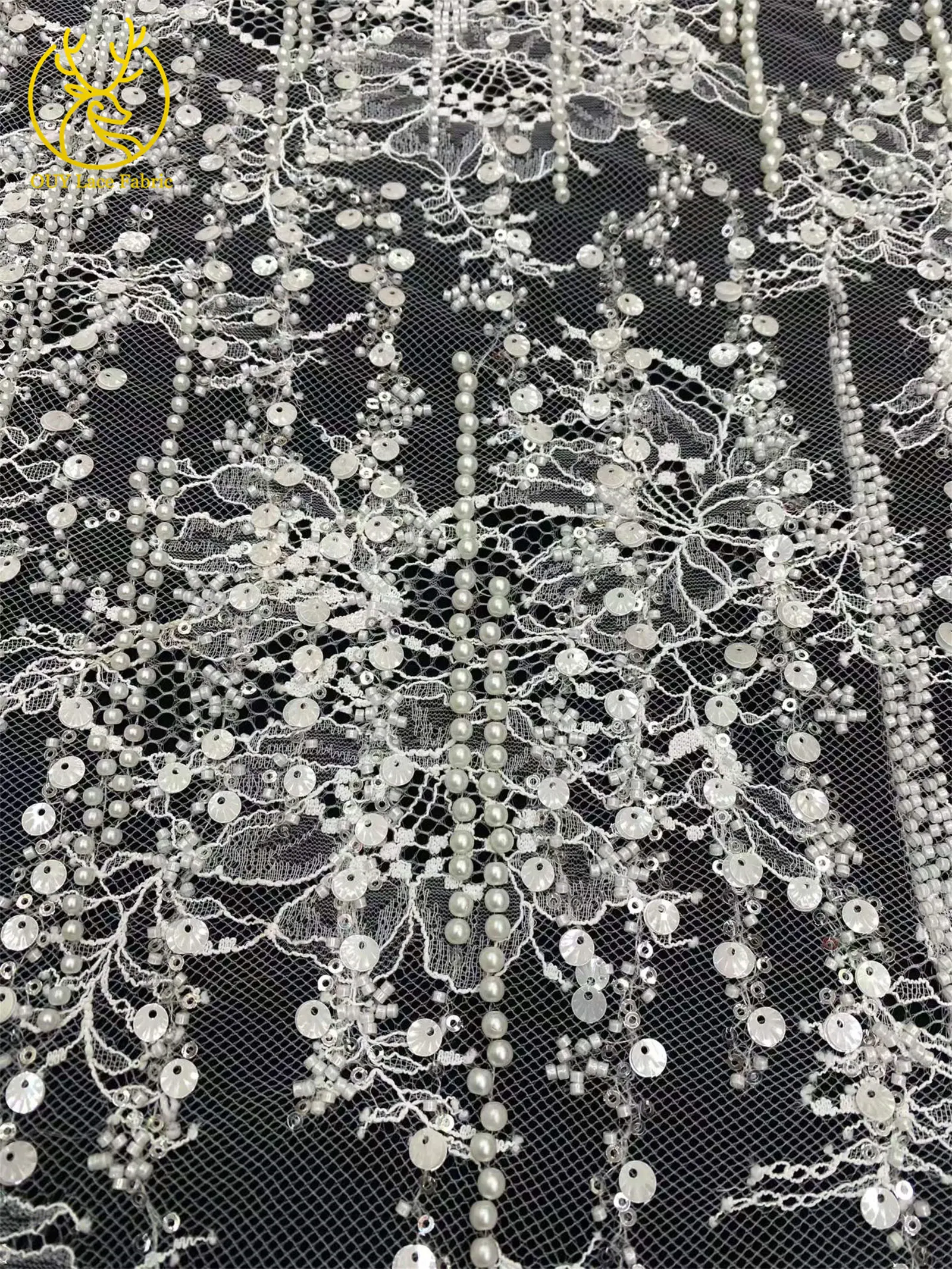 Afrikanischer Spitzenstoff, hochwertige französische Stickerei, Perlen, Pailletten, Tüll, Netzspitze für Frauen, Hochzeitskleid, Nähzubehör, 5 Yards – Detail 8