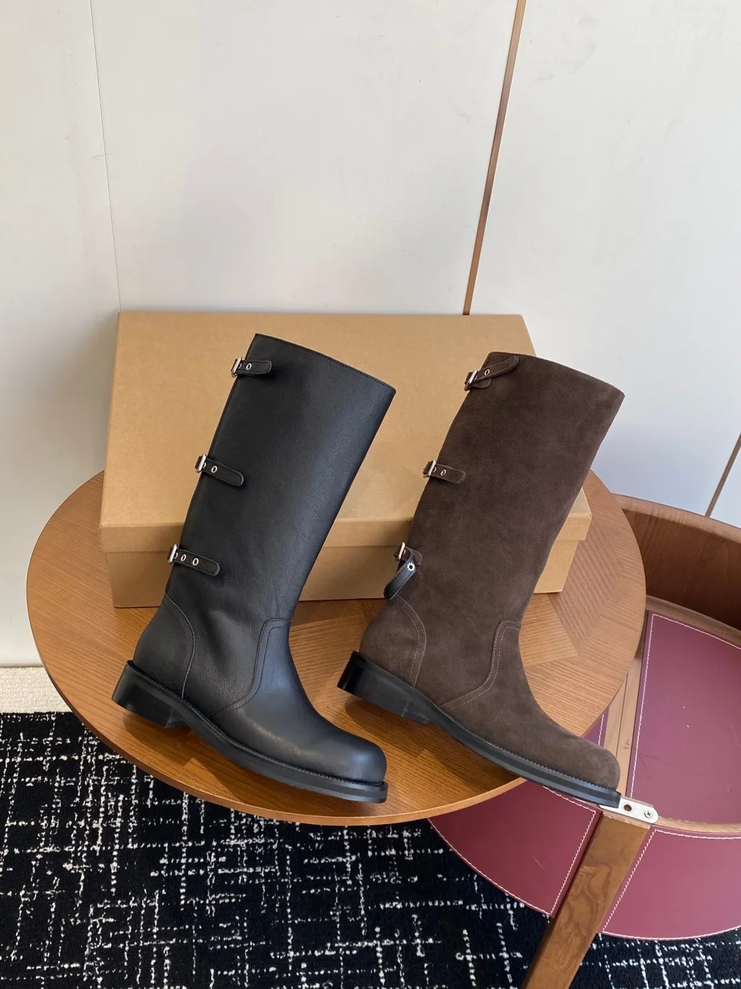 

2025 Winter autumn suede leather calf boots knee boots booties buckled genuine leather flat heel boots