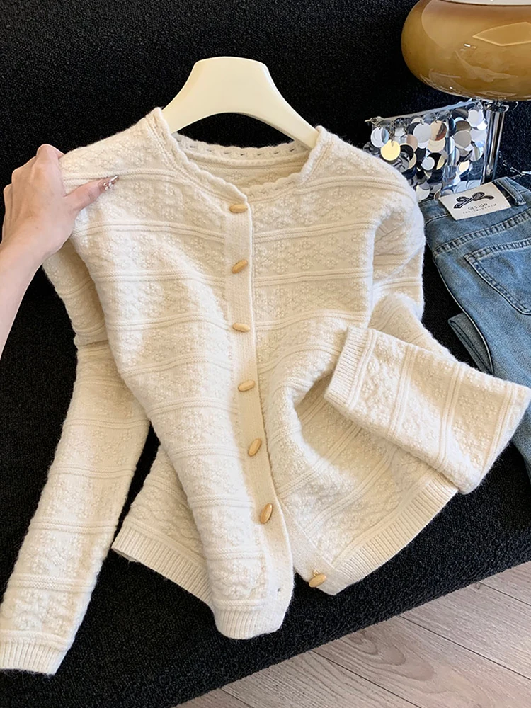 

Korean Sle Lace Collar Knitted Sweater Women's Autumn Winter Long Sve Soft Camere Open Cardigan Lazy Pattern Embroider...