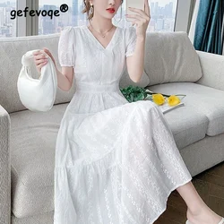 Summer New Pure Cotton V-neck Embroidery Elegant Fashion White Dresses Ladies Short Sleeve Waist Sweet Robe Dress Female Vestido