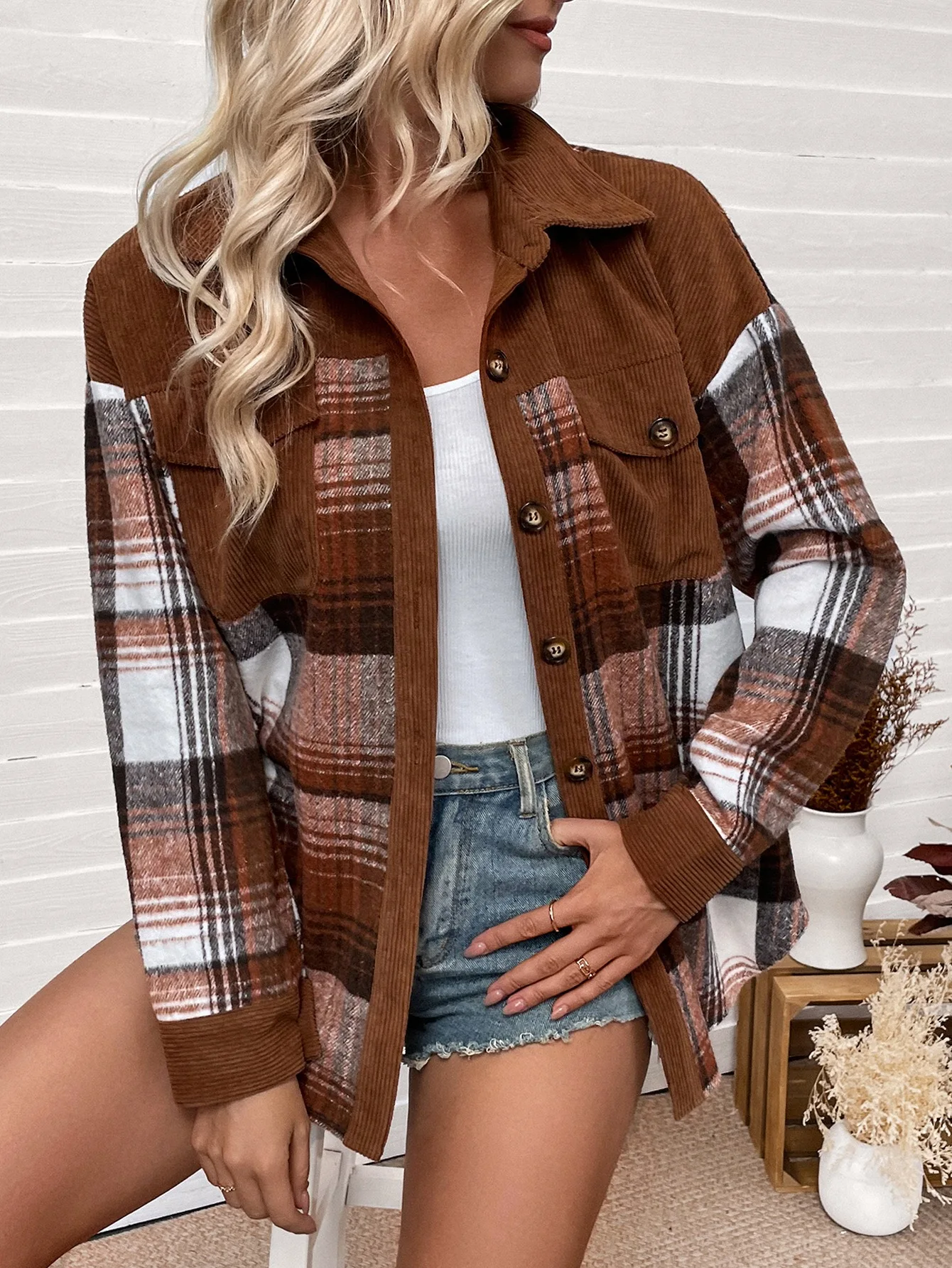 Corduroy Button Up Shirt Men - Chaqueta a cuadros marrones para mujer,
