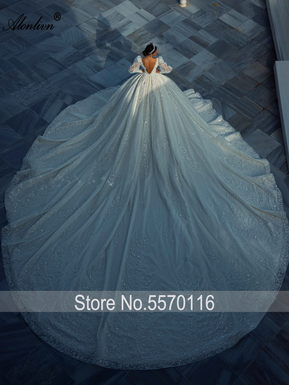 Alonlivn Exquisite Beading Pearls Puff Sleeves Ball Gown Wedding Dresses Sequined Appliques Lace Backless Royal Train For  Bride