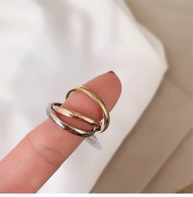 Classic Gold Color Triple Rolling Ring Three In One Sets Stainless Steel Wedding Engagement Female Interlocked Stackable Ring