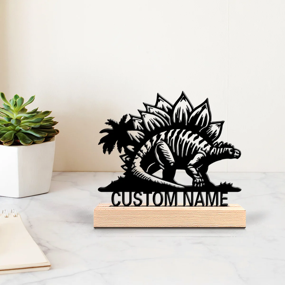1pc Abstract Dinosaur Personalized Name Metal Statue Iron Ornament With Wood Base With Wood Base For Youth Gifts
