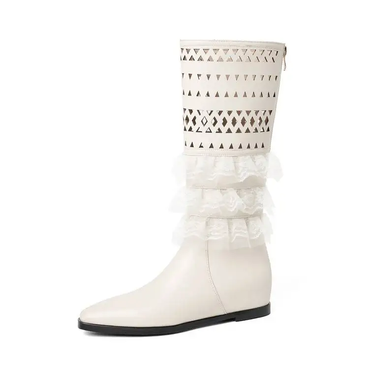 Women's Shoes 2026 Genuine Leather Mid Calf Boots Pointed Toe Flats Hollow Out Lace Ruffle Trim Side Zipper Elegant Summer Boots