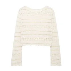 Tangada 2024 Women Crochet Sweater Long Sleeve Female Crop Knitted jumper tops BE0129