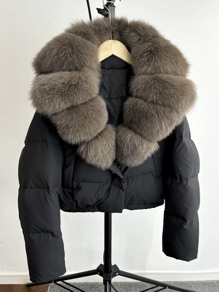 Janveny-abrigo grande de piel de zorro Natural para mujer, Parkas femeninas de otoño e invierno, chaqueta de plumón de pato blanco 90%, abrigo acolchado corto de plumas