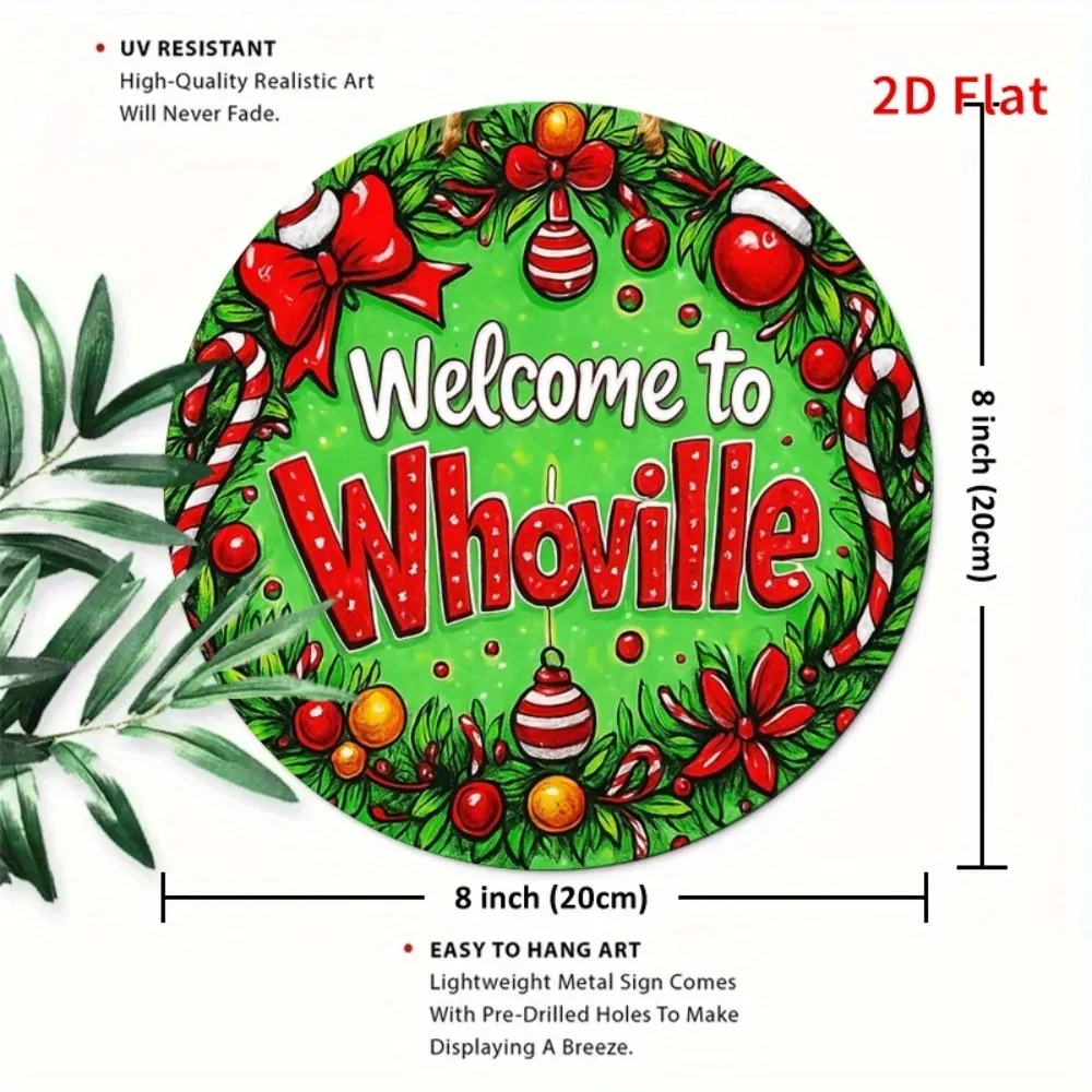 قطعة واحدة - مرحبًا بكم في لافتة حديدية مستديرة ذات طابع Whoville مقاس 7، 8 بوصات - ديكور عيد الميلاد الاحتفالي مع بيت خبز الزنجبيل وصب الحلوى والحلي
