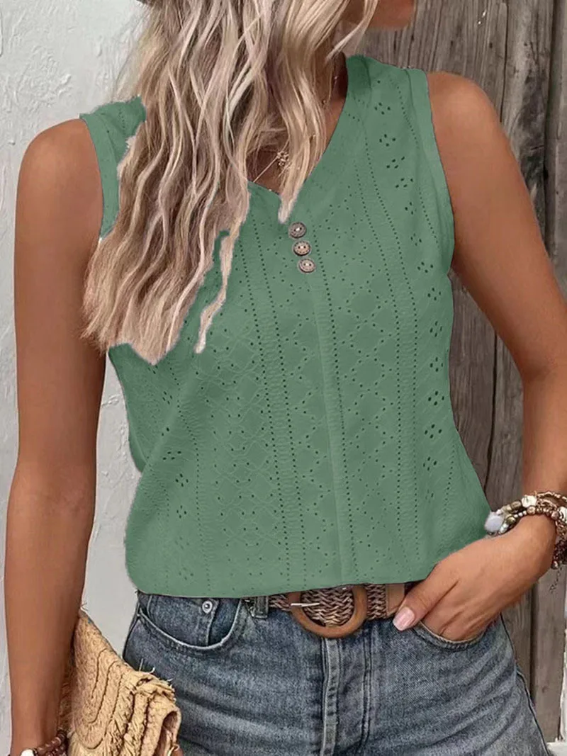 Summer Hollow Out V Neck Sleeveless Blouses For Women Fashion 2024 Elegant Loose Tank Tops For Women Solid Pullover Tunic Casual