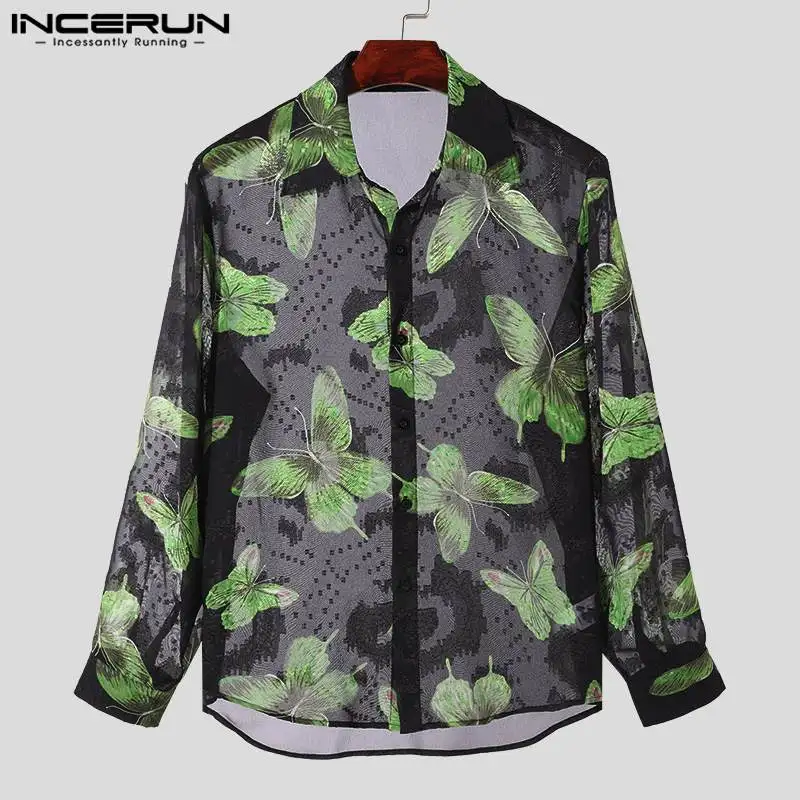 INCERUN Men Shirt Printing Transparent Lapel Long Sleeve Loose Men Clothing Streetwear 2024 Sexy Fashion Casual Shirts S-5XL