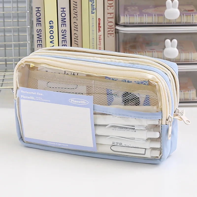 Three-layer Transparent Pencil Case Children's Simple Pen Bag Waterproof Design Junior High School Student Stationery Box