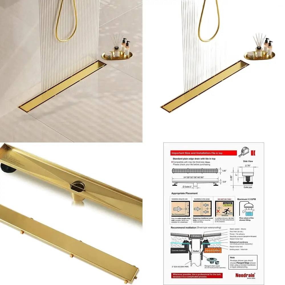 

18 Stainless Steel Linear Shower Drain with Flat & Tile Insert, Brushed Brass, Hair Strainer Included, Certified