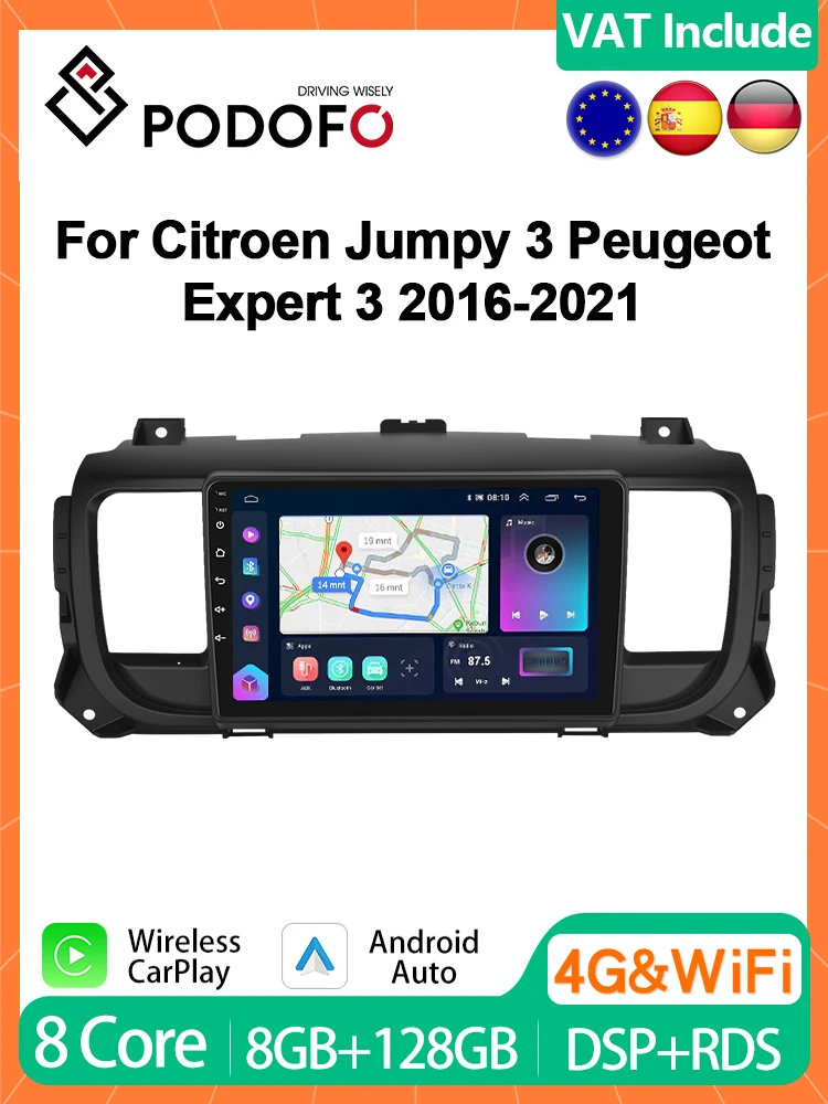 Podofo 4G CarPlay Android Radio For Citroen Jumpy 3 Peugeot Expert 3 2016-2021 Car Multimedia Player Stereo Autoradio Head Unit