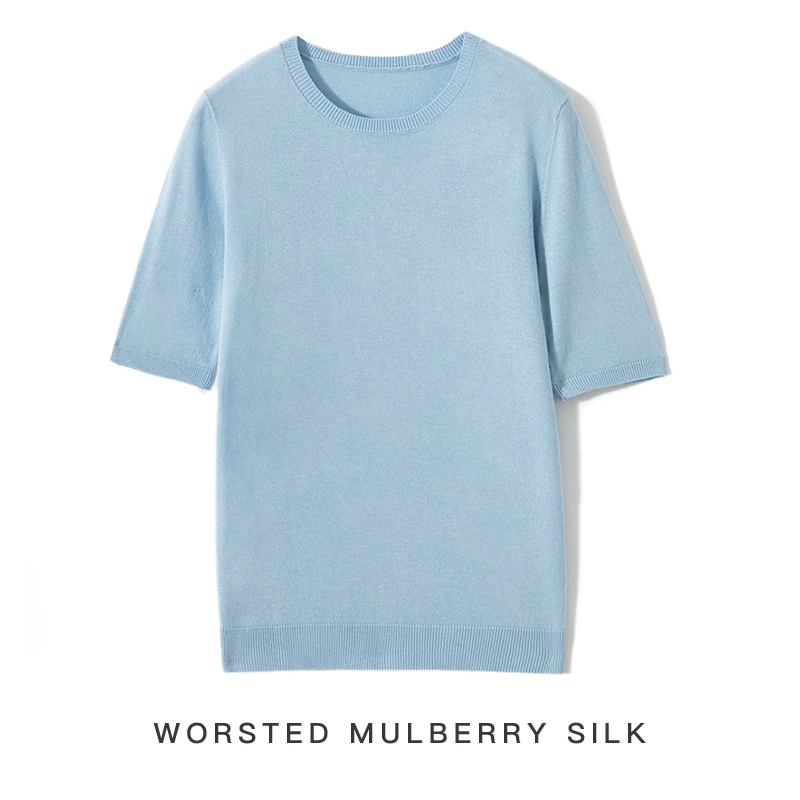 85% Mulberry Silk and 15% Cashmere Short Sleeved Women\'s Summer Round Neck Pullover Vest Casual Knitted T-Shirt Thin Top