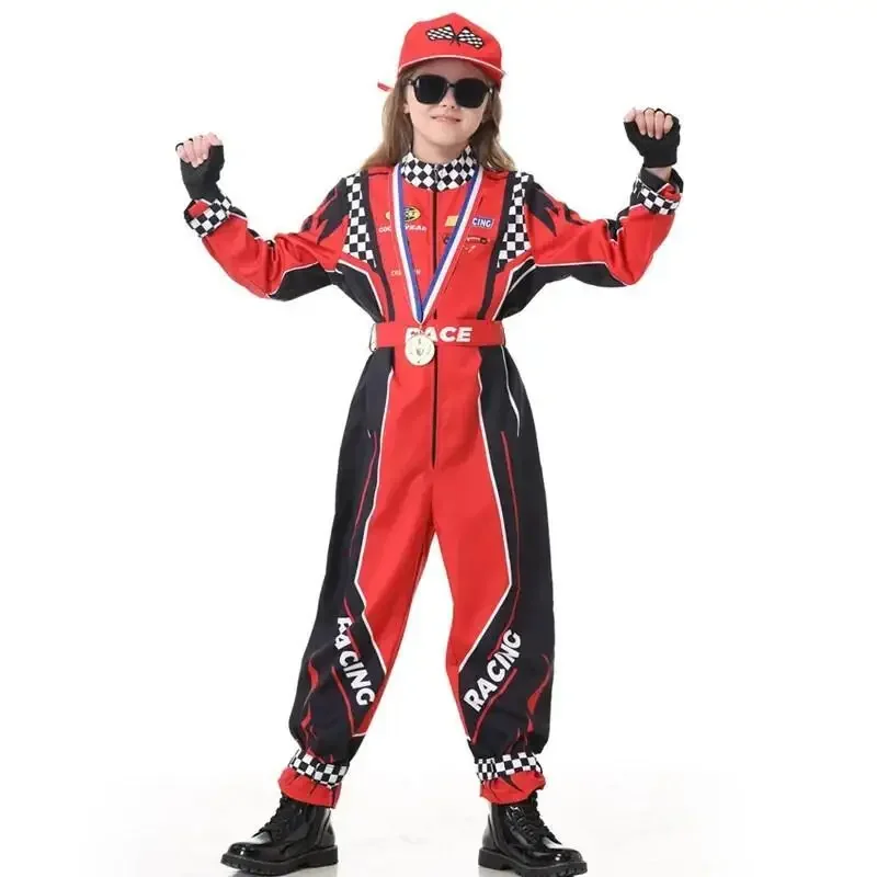 Teenager Racing Role-playing Costume Cosplay Jumpsuit with Belt Set for Racing Themed Performance Wear A Hat One-Piece Training view 4