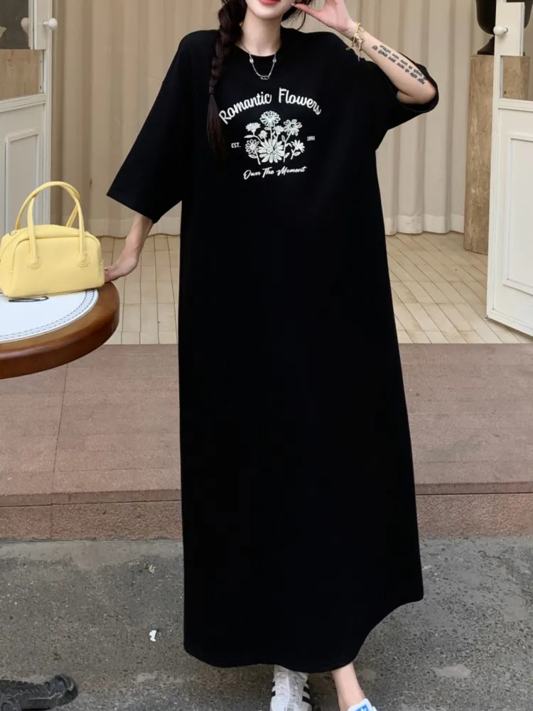 Mozigda Summer Loose Print T Shirt Dress Donna Elegante Vintage Nero Coreano Abito da donna Abiti