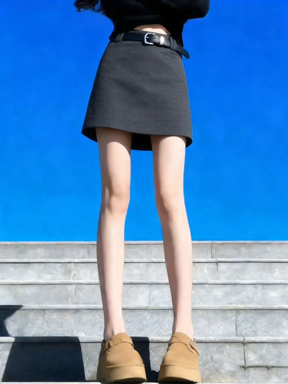 Autumn Winter Grey Woolen Half-length Skirt Women's High-waist Slimming Flocking Suit A-line Short Skirt with Belt