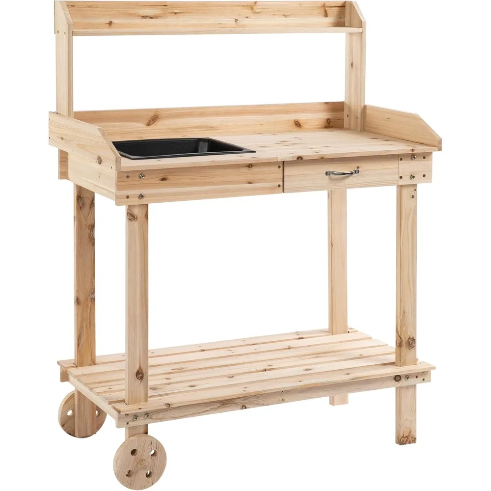 

36'' Wooden Potting Bench Work Table with 2 Removable Wheels, Sink, Drawer & Large Storage Spaces, Natural