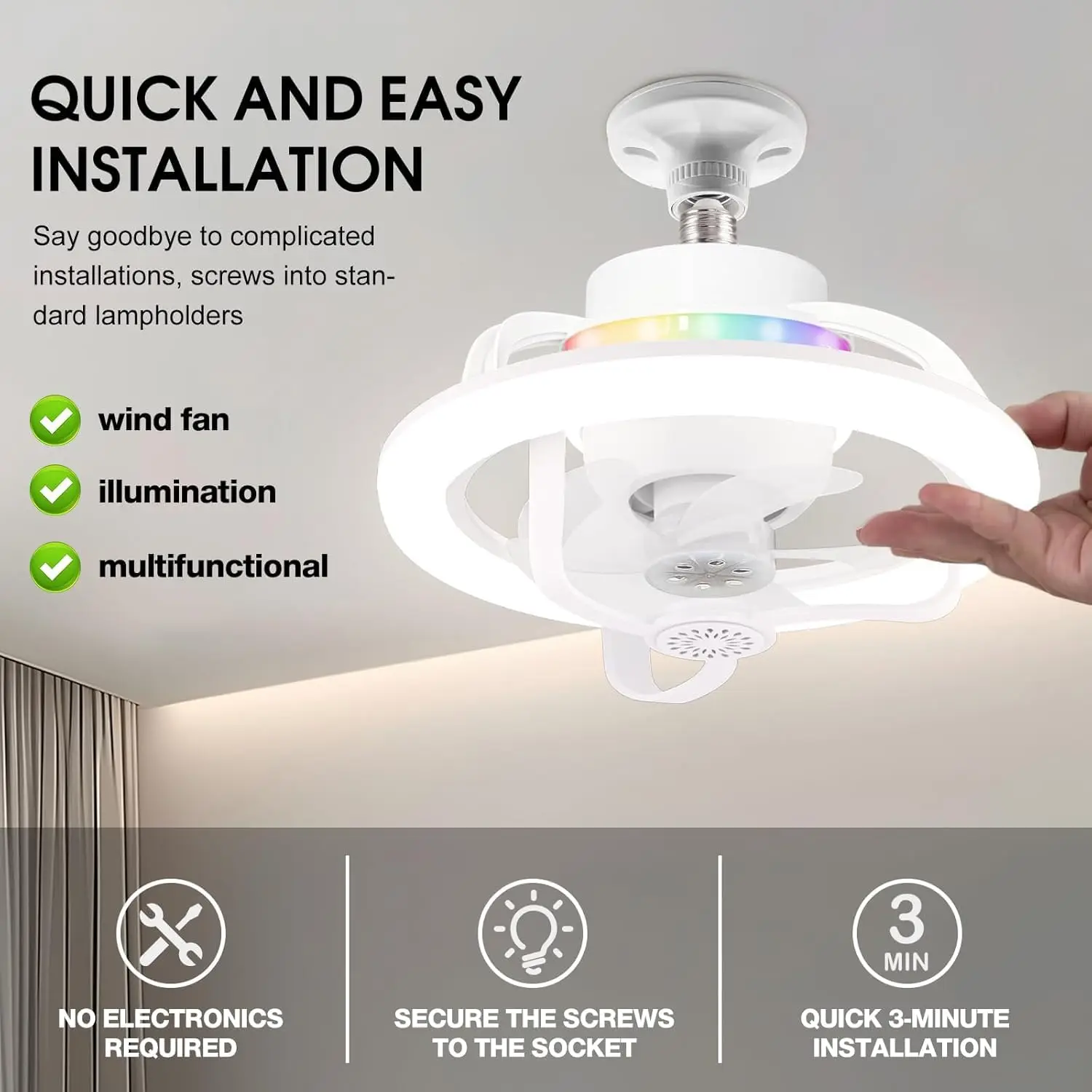 360°Rotating E27 Ceiling Fan Bulb LED Light with Remote  RGB Color Dimmable Ventillator Lamp for Home Lighting AC85-265V