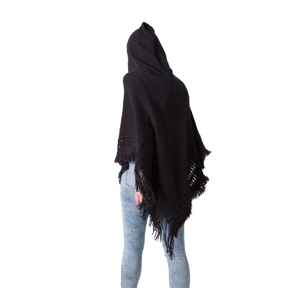 

1pc Hooded Women Warm Scarf Large Knitted Shawl With Cap Solid Color Winter Autumn Fashion Knitted Shawl Black