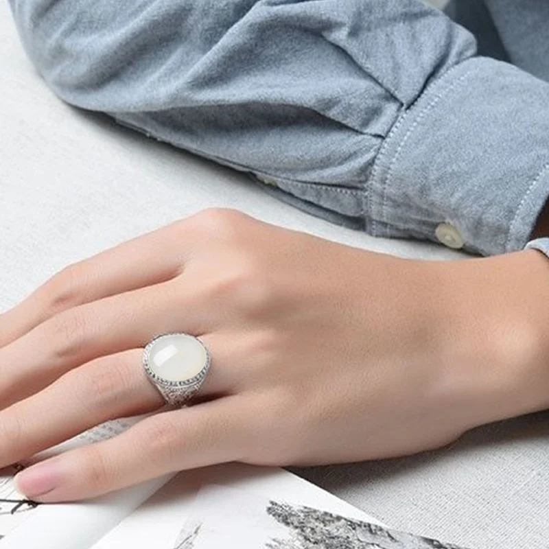 Top Grade Jade Oval Ring For Men Jewelry 925 Sterling Silver Men Wedding Ring With Shining Stones Hollow Coin Finger Accessories