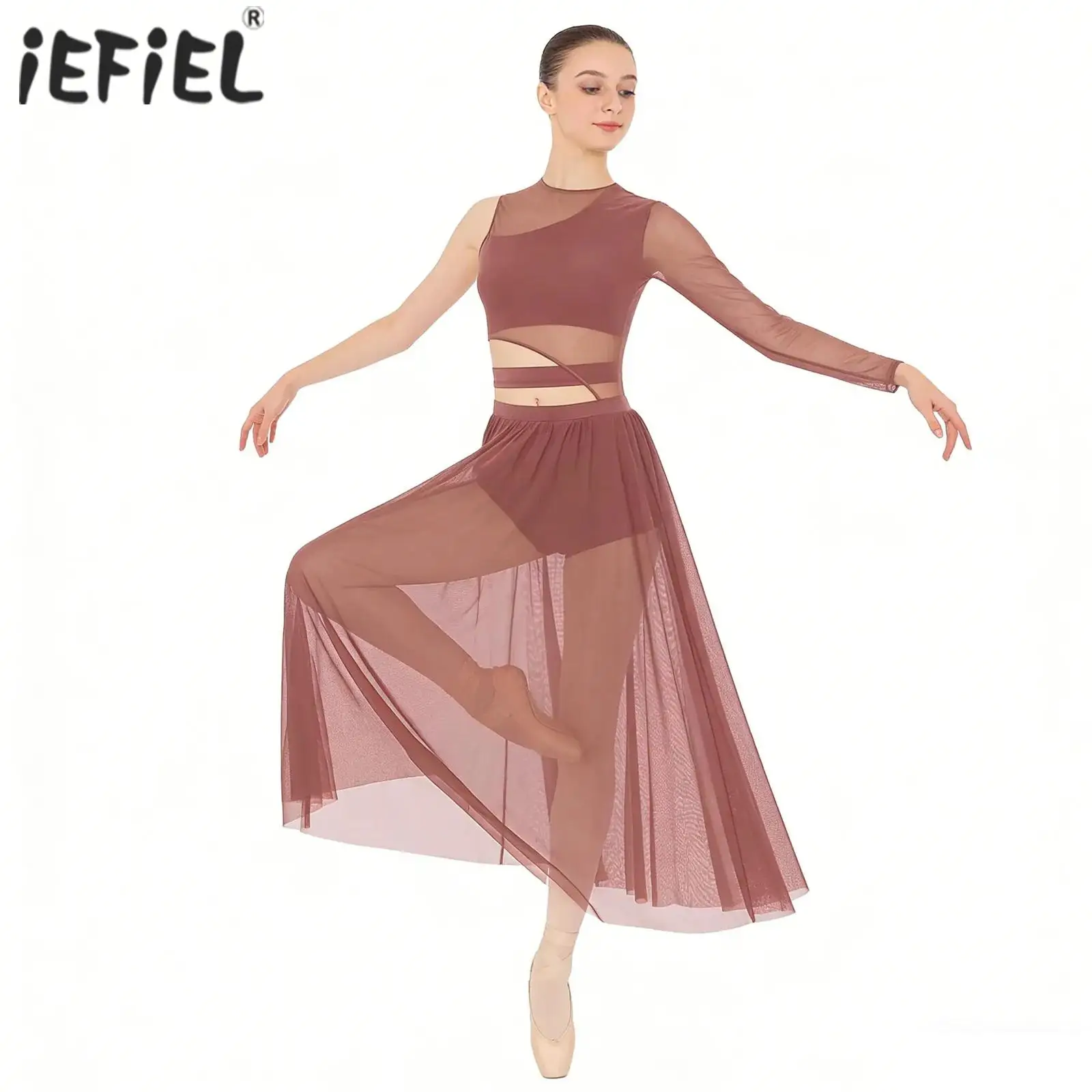 

Womens Modern Lyrical Contemporary Dance Costume Cutout Round Neck Dress Side Split Sheer Mesh Dresses Performance Dancewear