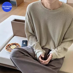 TRSYPHXM Waffle long sleeved T-shirt for men in spring and autumn 2024, new lazy style, with a loose black top as the base layer