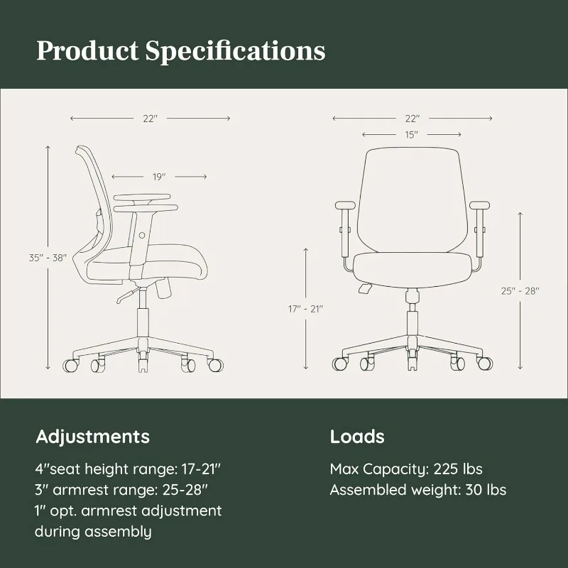 Daily Chair - Vegan Leather Office Chair with Swivel, Lumbar Rest, and Adjustable Armrests - Comfortable Seating