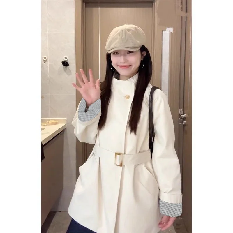 Windbreaker Stand up Collar Coat Spring and Autumn New Style 2025 Waist Cinched Small,  Medium and Long  High-end British Loose