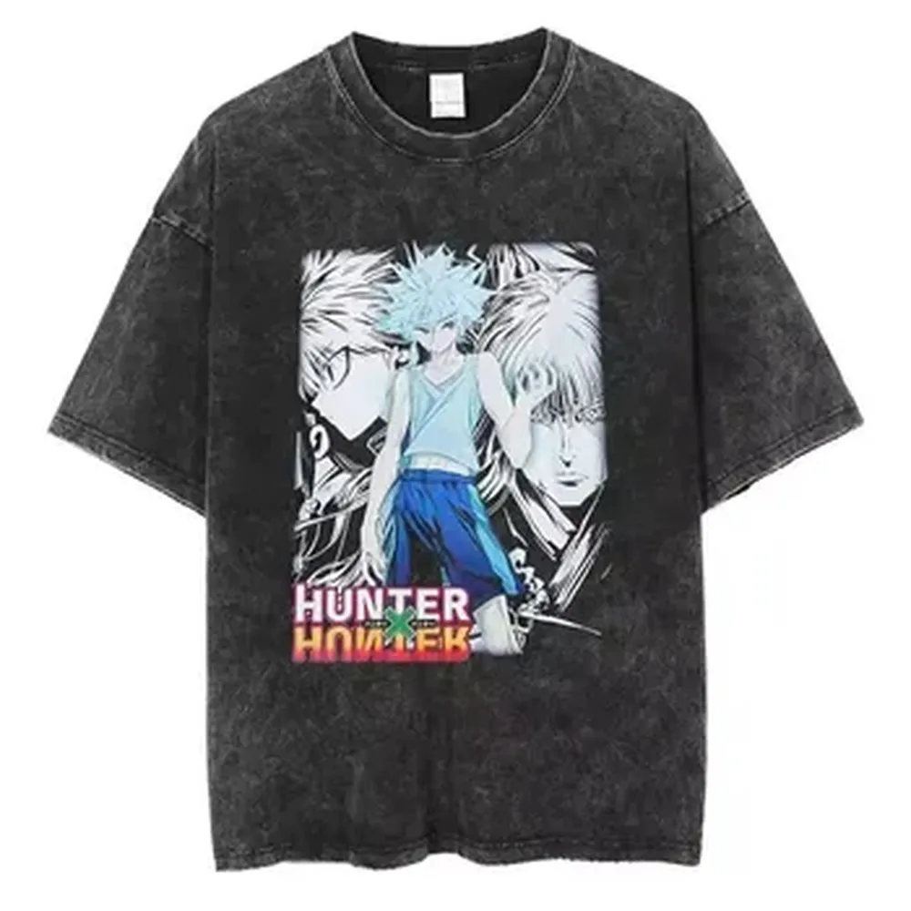 Camiseta con Gráficos del Manga Hunter X Hunter de Killua Zoldyck, Ropa para Hombre y Mujer, Camiseta de Algodón Lavado de Talla Grande, Camisetas de Manga Corta