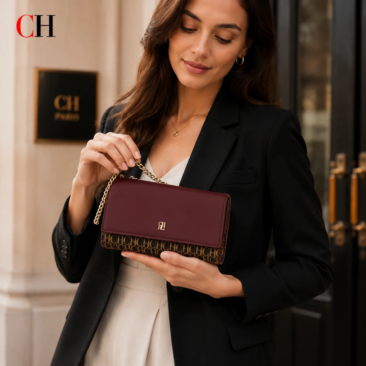 CH Women PU Leather Crossbody Bag Luxury Chain Shoulder Bag Fashion Clutch Purse Elegant Evening Handbag Ladies Small Bag