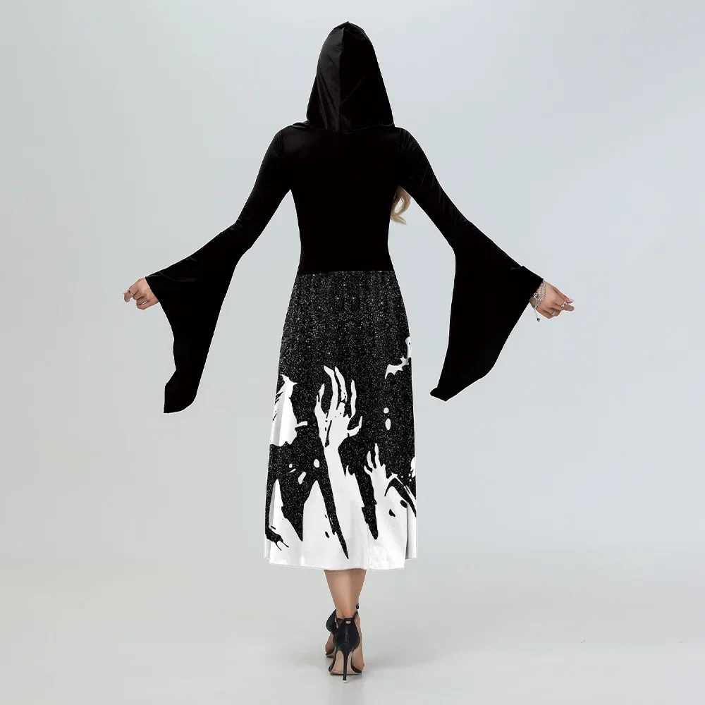 Costumes de Cosplay squelette d'halloween pour femmes, Robe médiévale, Robe de fête Vintage à capuche, vêtements effrayants de sorcière, jour des morts
