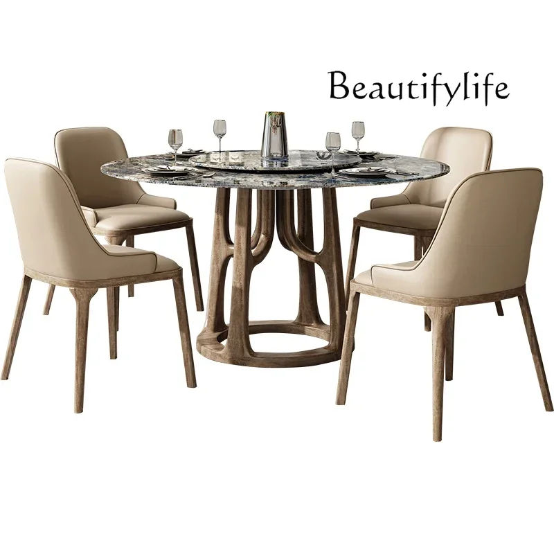 Luxury stone natural marble turntable modern simple round household dining table and chair combination round dining table