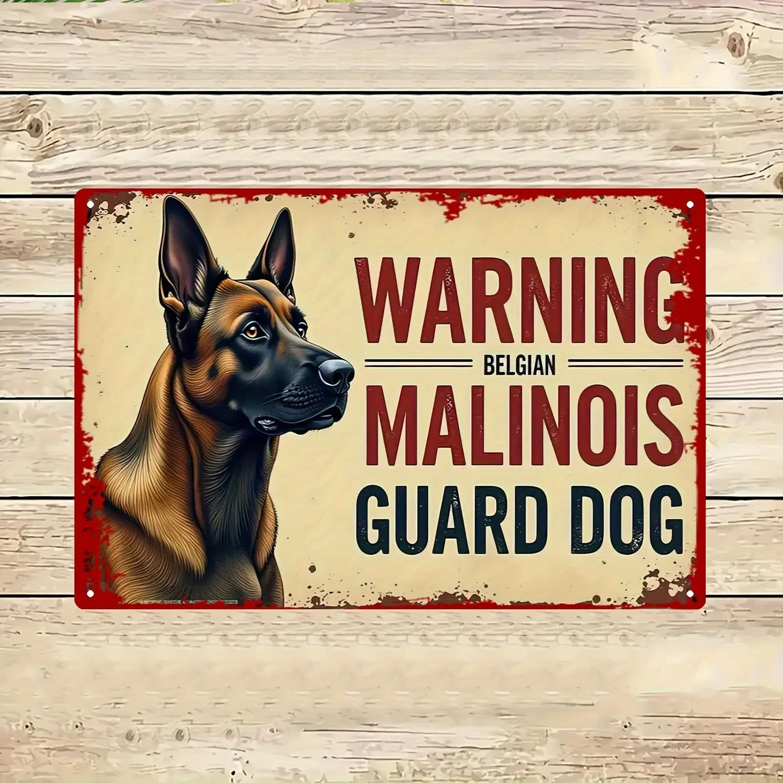 Image of Vintage Metall-Blechschild mit Sicherheitswarnung – Belgischer Malinois Wachhund-Poster mit Warnhinweis, robuste Dekoration für drinnen/draußen